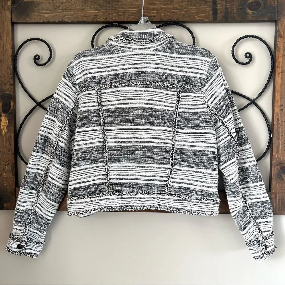 1. State Black Cream Fringe Tweed Button Front Long Sleeve Blazer Jacket